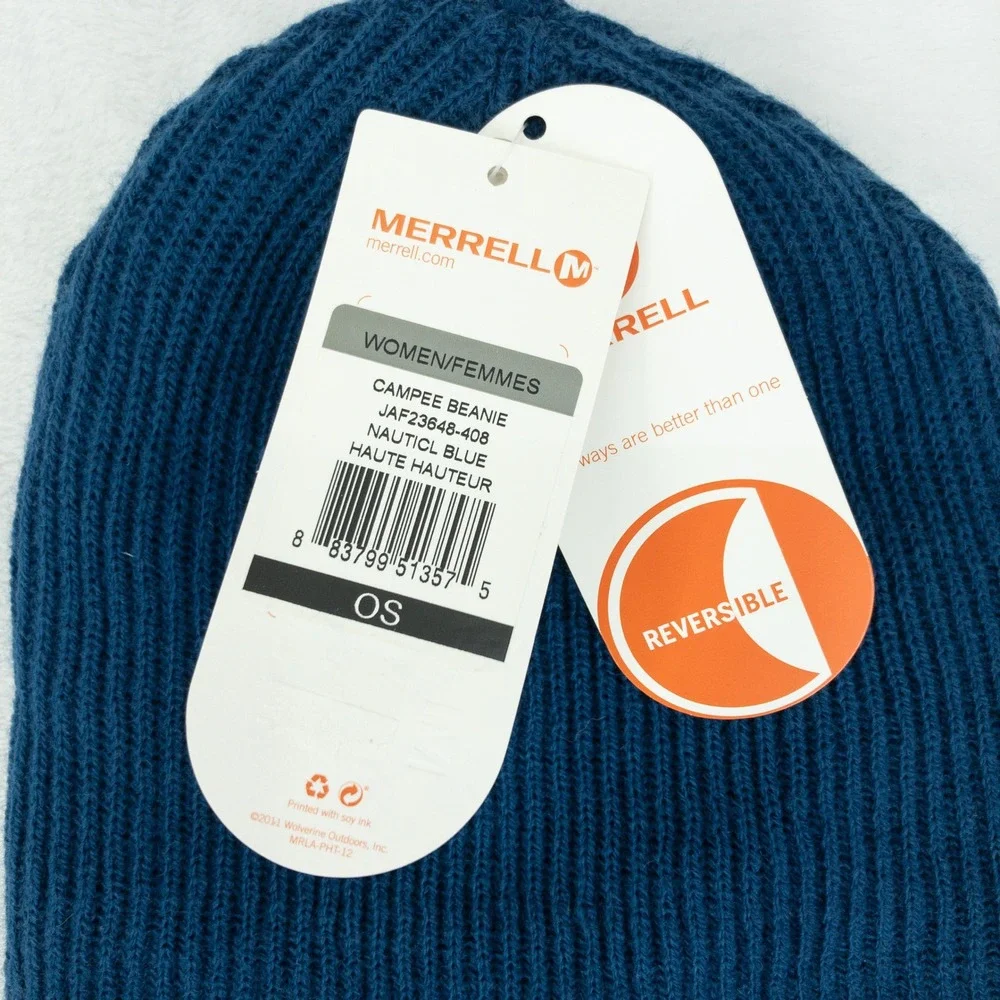Merrell Campee Beanie Womens OS Nautical Blue Reversible Ribbed Knit Hat‎